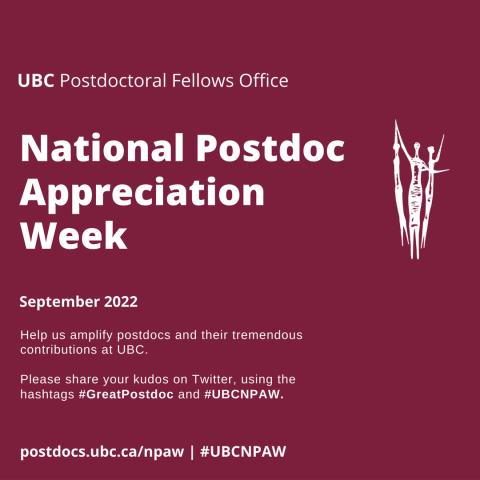 Image with words National Postdoc Appreciation Week, help us amplify postdocs and their tremendous contributions to UBC.