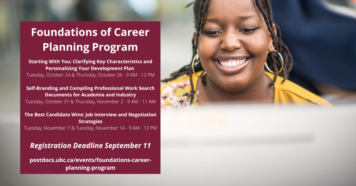 Image of woman in a yellow top looking at the computer screen with Foundations of Career Planning dates and times in a text box.