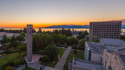 aerial view of the UBC clock tower and Irving K Barber Learning Centre