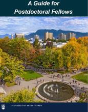 Aerial image of the Martha Piper Plaza Fountain on the UBC Point Grey campus with the text 'A Guide for Postdoctoral Fellows' on the top of the page and the UBC logo on the bottom of the page.